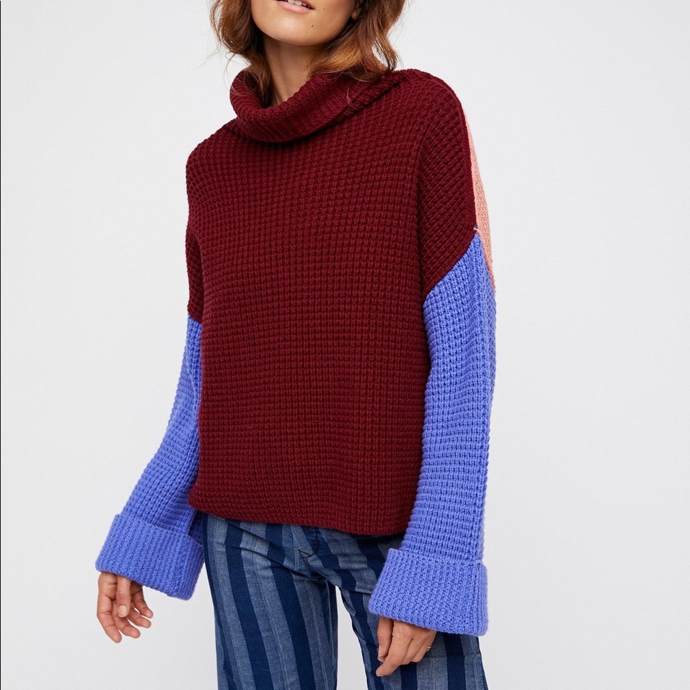 Free People Colorblock Cowl Turtleneck Sweater in Wine, Periwinkle & Blush